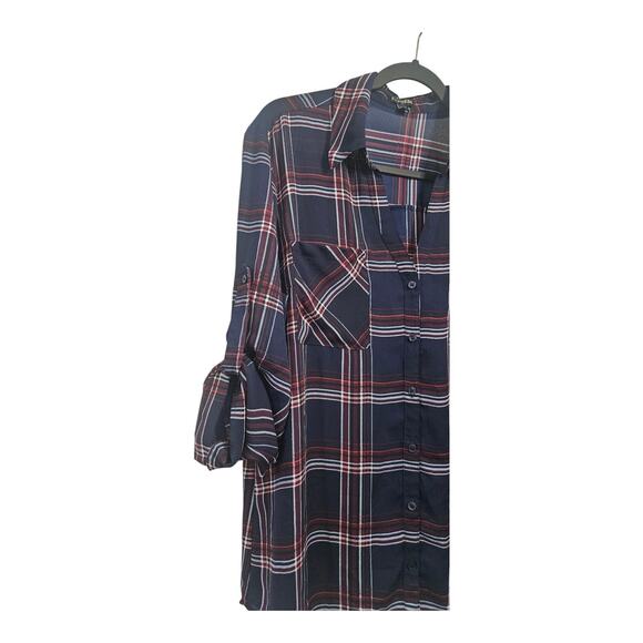 Express Womens XL Blouse Blue Plaid V-Neck Collar Roll Tab Sleeves Button-Up - Picture 5 of 8